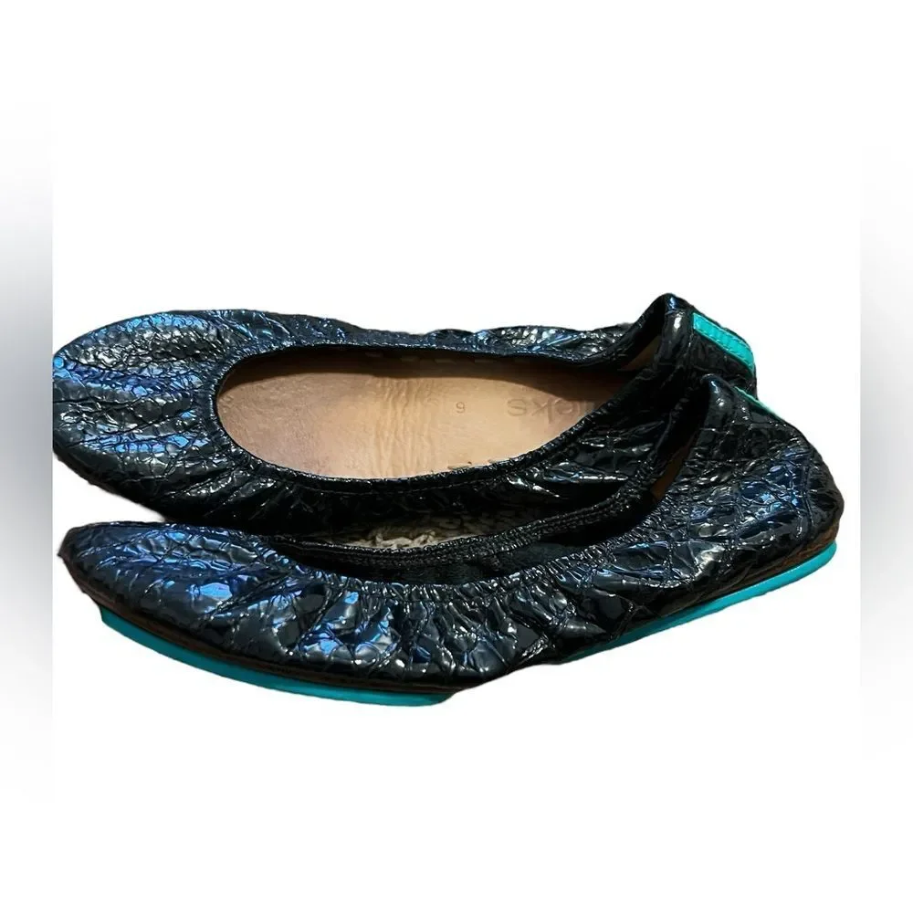 TIEKS by Gavrieli Obsidian Black Croc Patent Embossed Leather Ballet Flats. Sz 6